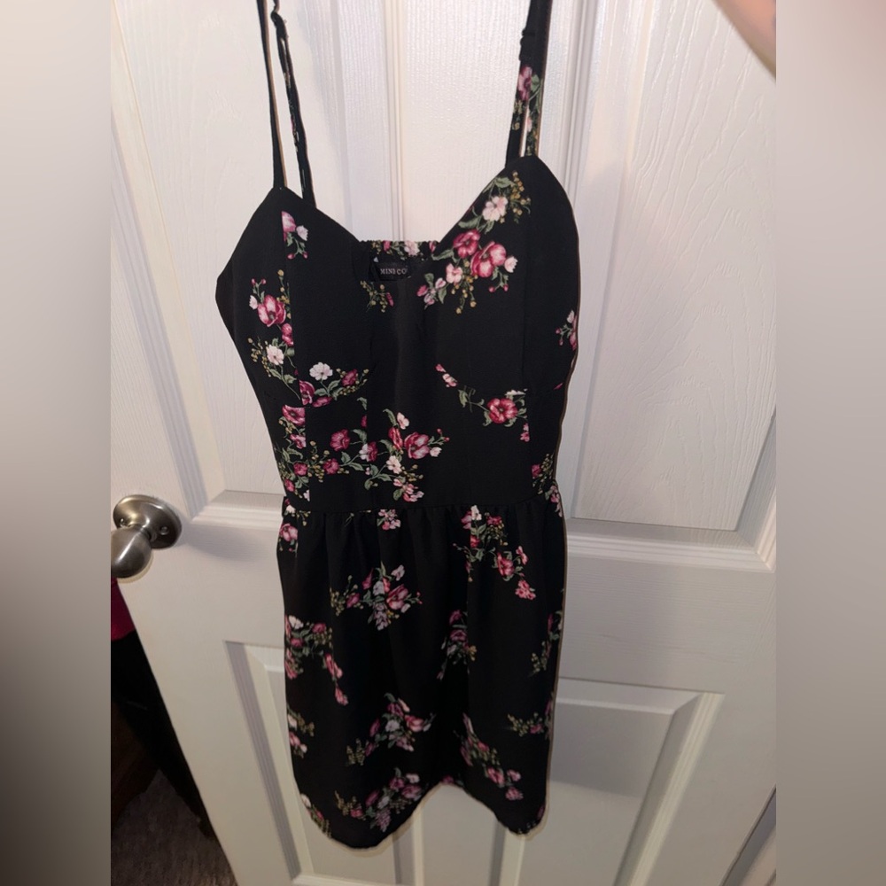 Black small midi dress with pink floral print made by Mind Code